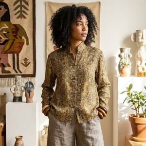 HARARI Silk Mandarin Blouse knot buttons Brown print Size Large